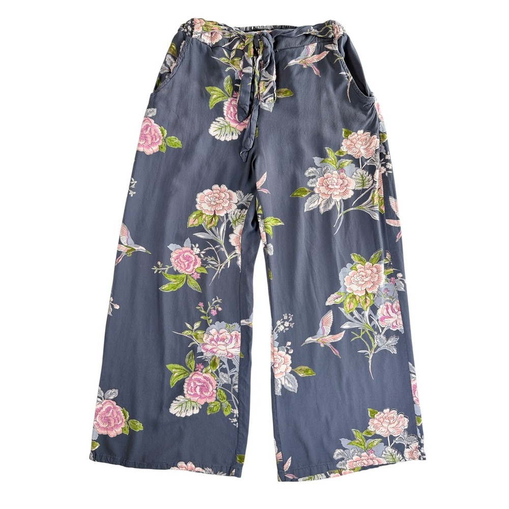 Angie Floral Wide Leg Pants Women Small Gray Hummingbird Rayon Tie Waist